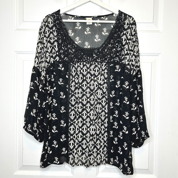 Bila Tops - Bila Black White Floral Print Crochet Neck Tunic Top Blouse Plus Size XXL